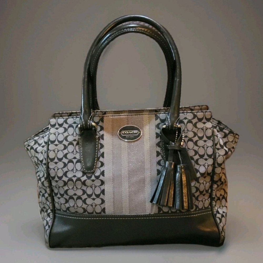 Coach Legacy Black and Gray Signature Carryall Shoulder Handbag Silve Hardware